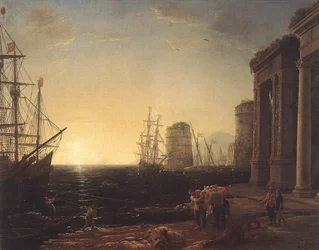 Escena portuaria al atardecer